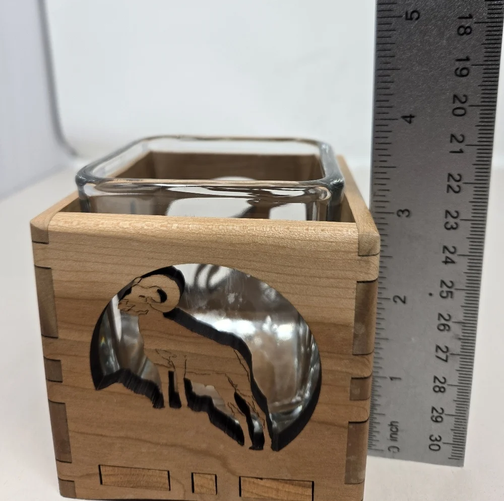 Wood You Tell Me Inc Cherry Wood Ram On Hill Cut Out Glass Insert Candle Holder